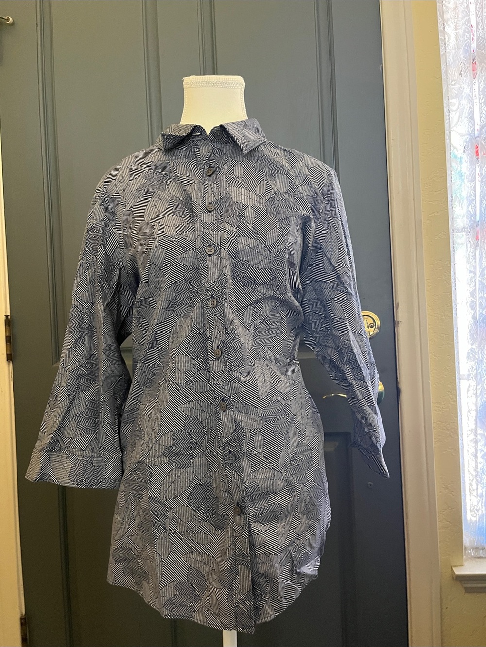 Lands' End Blue Button Down Shirt, 3/4 sleeves.